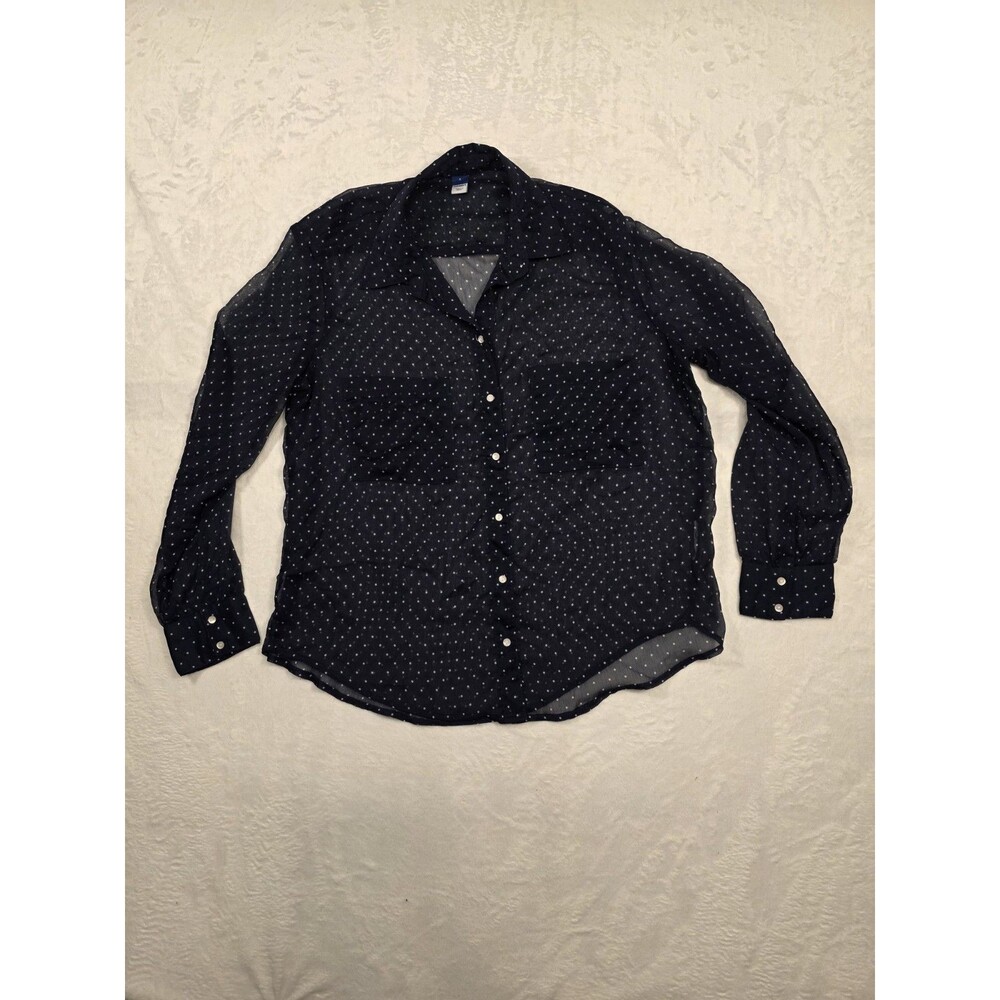 Old Navy navy white polka dot collared long sleeve button-up blouse size S
